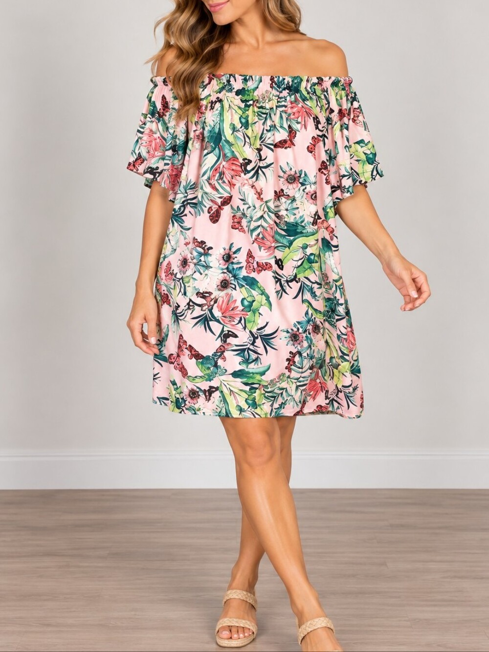 H&M | Women's Pink Floral & Butterfly Off-Shoulder Boho Dress | Size M